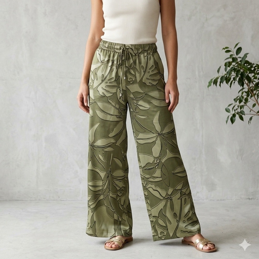 Adrianna Papell Womens Tropical Leaf Print Wide Leg Satin Lounge Pants Size M